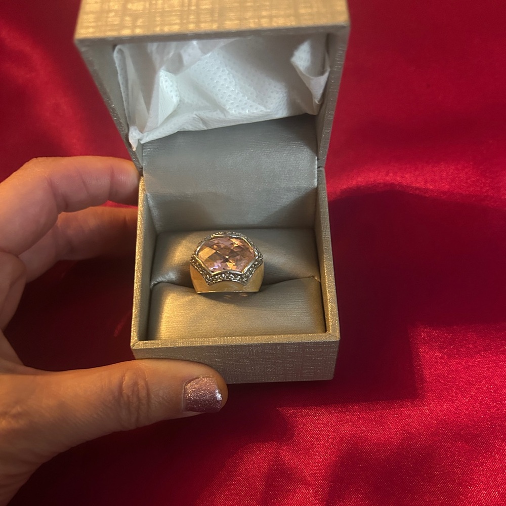 Enamelled Pink Ring with Pink Zirconia. Size 5 1/2